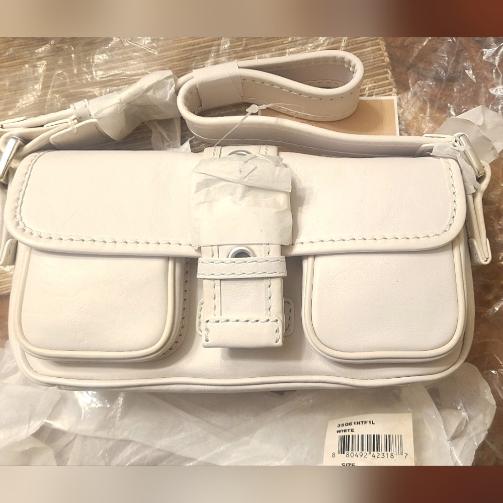 NWT Michael Kors White Leather Hutton Small Flap Shoulder Bag